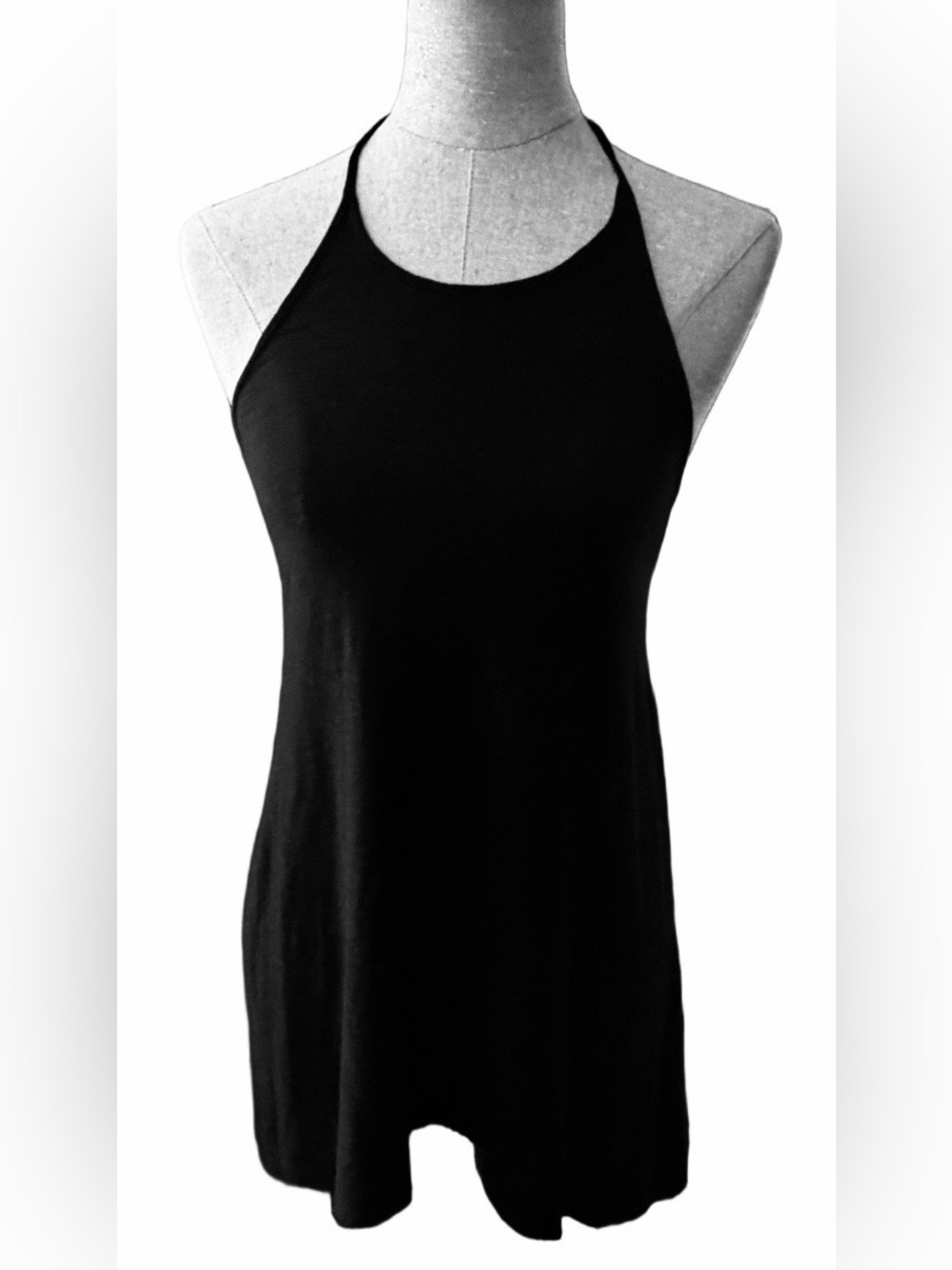 Black “Hi-Low” Scooped Neck Backless Halter Swim Dress Style Cover-Up